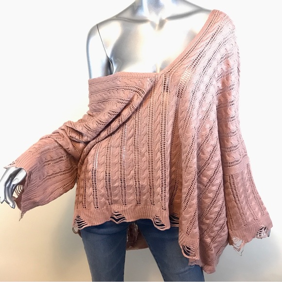 POL Women's Large Oversized Sweater Double V Neck Boxy Distressed Detail Pink - Picture 6 of 13
